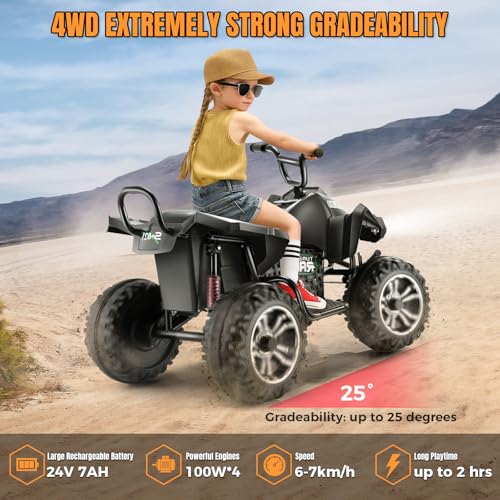 Image of Hikole XL 24V ATV, 4 Wheelers for Kids Ages 6-14, 2 Seater, Black | Iron Frame, 4x100w Power Wheels, 24''Spacious Seat, Spring Suspension, Music, LED Lights