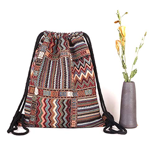 Stripes Knit Drawstring Bag Sport Backpack Large Shoulders Bag Casual Daypack Purse Travel Tote Brown3