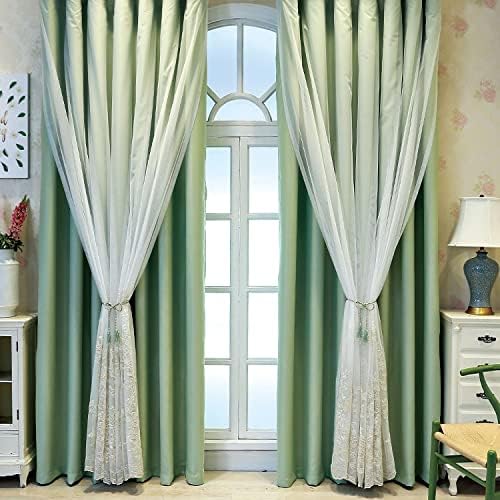 Amazon グリーンカーテン 部屋客间 2枚緑布と2枚紗カーテン花柄金色のロープ刺繍 各幅150x丈230 Cm 遮断カーテンキッチン オーダーサイズ可 レースカーテン オンライン通販