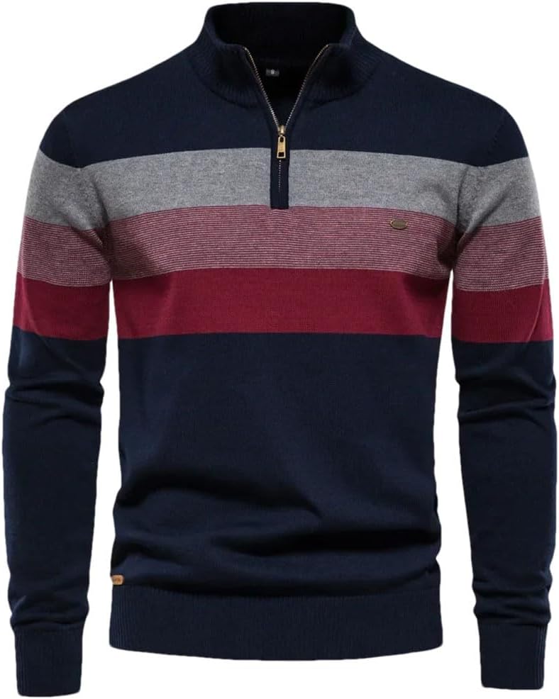 Men's Autumn Winter Sweater Half High Collar Color Matching Stripe Pullover Business Casual Knitwear Sweaters