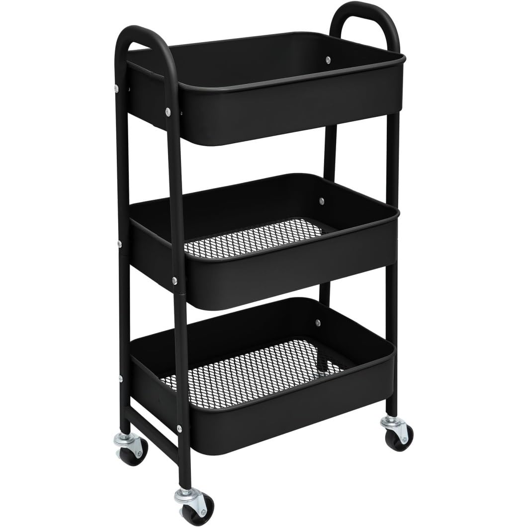 Carrito rodante de metal de 3 niveles con ruedas – Carro Sto que ahorra espacio para cocina, baño, oficina y maquillaje – Carrito de peluquería (negro)