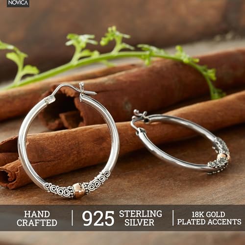 NOVICA Artisan Handmade Gold Accent Hoop Earrings Fair Trade Accented Sterling Silver Indonesia Balinese Traditional [1.2 in L x 0.2 in W x 1.1 in D] ' Two Tone Moon'3