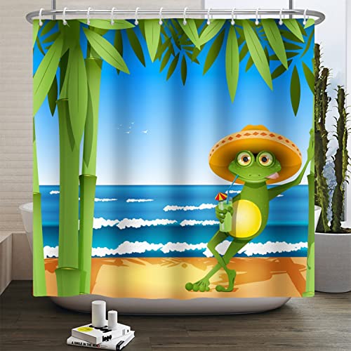 SDOTPMT 105x160cm Cartoon Frog Shower Curtain Cute Funny Frog with Hat Summer Beach Bamboo Green Leaves Bath Curtain Blue Ocean Wave Bathtub Curtain for Kids Bathroom Fabric Polyester with Hooks - Image 3