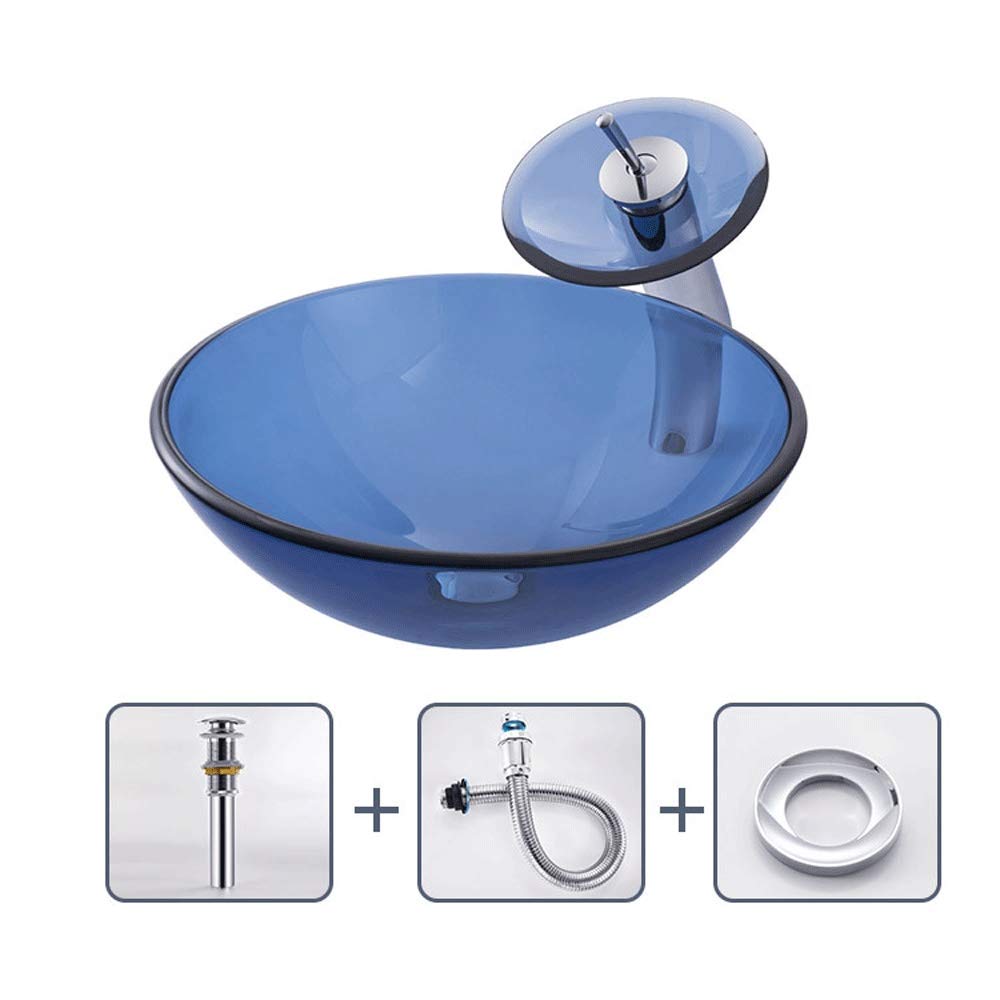 Aioneer Sleek Above Counter Vessel Vanity Sink Tempered Glass 16.53" Diameter Bathroom Lavatory Round Bowl Artistic Wash Basin Combo With Waterfall Faucet, Pop-Up Drain Set