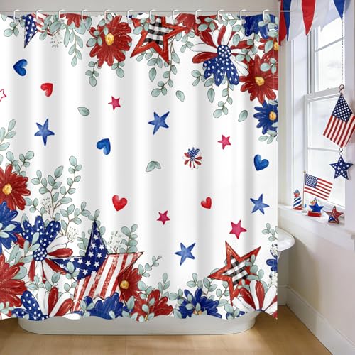 Moutina 4th of July Patriotic Shower Curtain Memorial Day Daisy Floral Decor Bathroom Curtain Set - 72x72 Inch Waterproof Polyester Fabric with Hooks