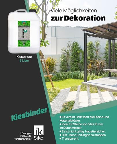Bindemittel für Kieselsteine 5L. Perfekt zum Kieselsteine kleben oder als Kieskleber für Wege und Gärten. Kiesbinder farblos. Nassoptik.
