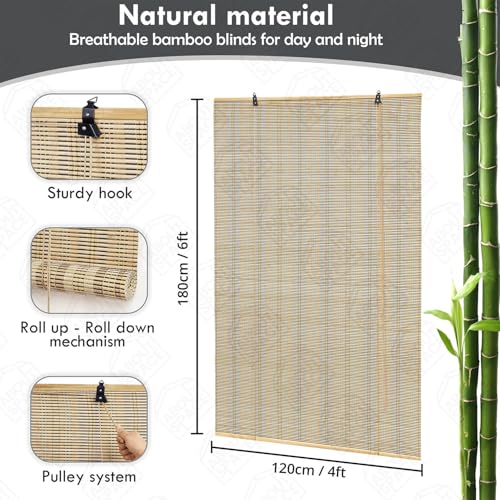 Image of BambooAura Natural Bamboo Roll-Up Window Shade Blind | Light Filtering Bamboo Chick Curtain | Eco-Friendly Sun Protection for Balcony, Patio, Office (4ft x 7ft - W x H)
