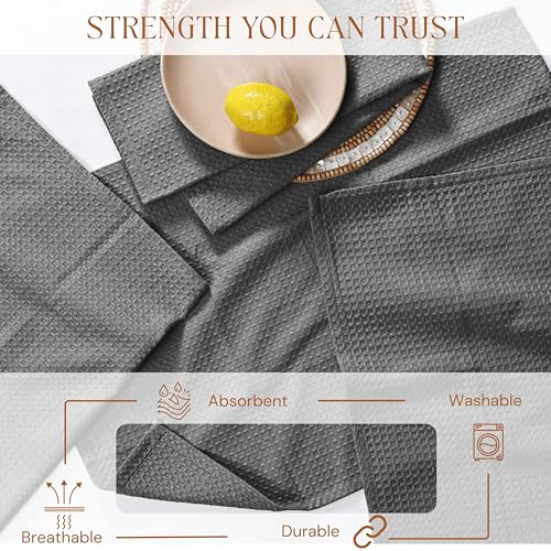 Image of Gray Kitchen Towels - Waffle Weave, 100% Cotton, Soft & Absorbent, Fast Dry, Durable, 16x26 Inches, Perfect for Dish Drying, Bar, Cleaning, and Everyday Use, Set of 12, Grey