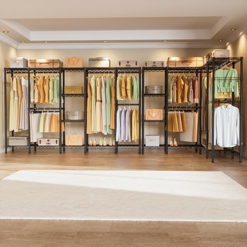 Golpart Heavy Duty Garment Rack Clothes Rack,Large Metal Closet Organizer System Storage Wardrobe,Freestanding Clothing Rack with Adjustable Wire Shelves& Hang Rods,MaxLoad 1100lbs