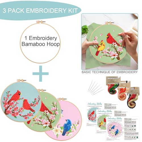 Image of Nuberlic 3 Pack Embroidery Kit for Beginner Adults, Cross Stitch Set with Cardinal & Blue Bird Patterns, Includes Cloth, Hoops, Threads, Needles, Instructions