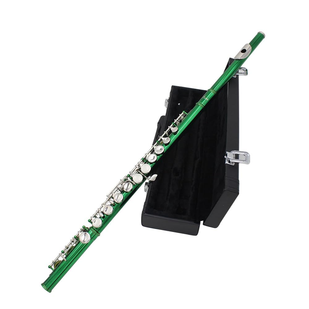 Flauta verde de 16 orificios, tecla C, cuerpo de tubo de cobre blanco, orificio de sonido técnico de dibujo en frío, multicolor opcional, adecuado for principiantes, caja de almacenamiento de cuero y