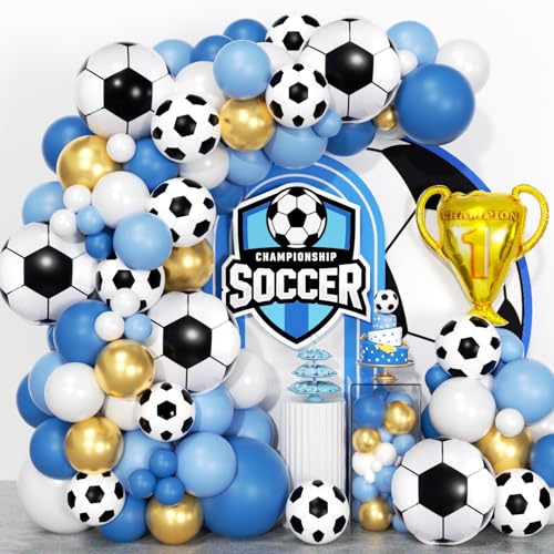 Image of Soccer Party Decorations 160Pcs, World Soccer Balloon Garland Arch Kit with 18'' Football Foil Balloons, Blue and White Football Print Balloons for Boys Sports Fan Birthday Soccer Party Decor
