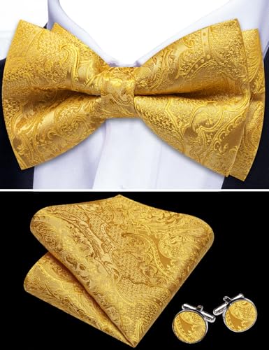 Image of YOHOWA Mens Bow Tie Paisley Coloful Pre-tied Bowties Handkerchief Cufflinks
