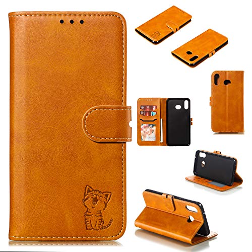 Robinsoni Case Compatible with Samsung Galaxy A6S Retro Leather Wallet Cover with Card Holder Slots Cat Printed Folio Flip Book Cover TPU Silicone Inner Case Kickstand Magnetic Closure Case, Yellow