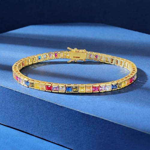Gemsme 2 * 2/2.5 * 5/3 * 3/3/4/5mm Colored Cubic Zirconia Tennis Bracelet for Women-18K White/Yellow Gold Plated Cubic Zirconia Rainbow Tennis Link Bracelet 6-8.5 Inches2