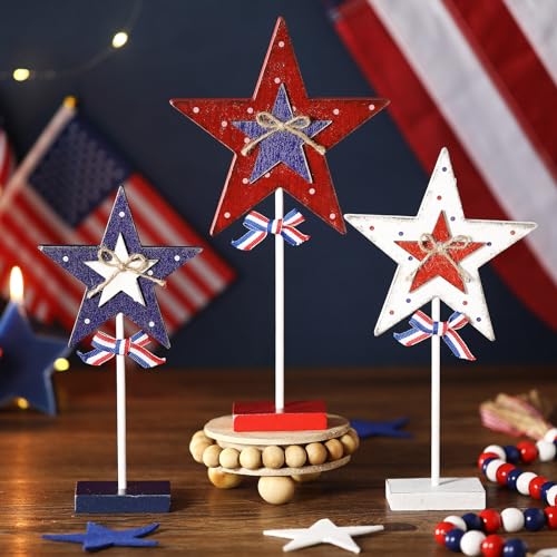 Image of 3 Pcs 4th of July Star Table Centerpieces Patriotic Tabletop Decorations for Tiered Tray Decor Patriotic Decorations Independence Day Desktop Ornament Blocks Freestanding(Classic Style)