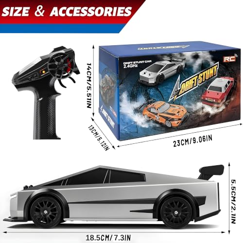 Image of Cable World Tasla 4WD Rechargable RC Drift Car for Kids | 2.4GHz High Speed Dual Motor Remote Control Car with Extra Drift & Racing Tires | PVC Unbreakable Body | LED Lights | 80+ Feet Range- Black