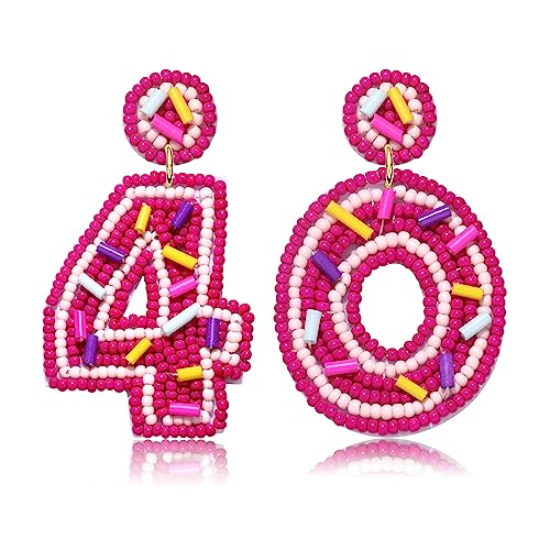 Beaded 40th 30th Birthday Earrings for Women - Happy Statement Celebration Drop Dangle Earrings - Holiday Festive Party Jewelry Gifts (40-Pink)