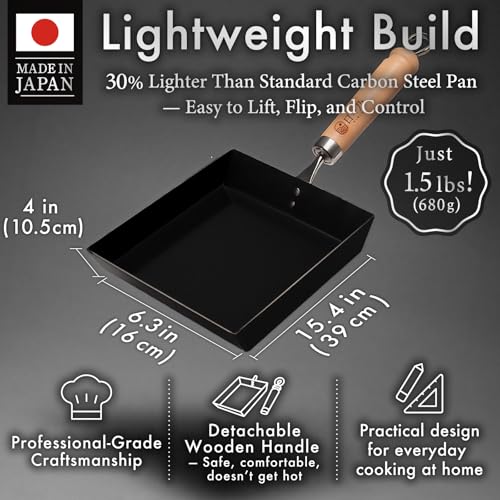 Image of HIBINO Tamagoyaki Carbon Steel Pan | Made in Japan | Nonstick, Even-Heating, 30% Lighter Design | Japanese Egg Pan with Detachable Wooden Handle | for Bento, Breakfast & Everyday Cooking