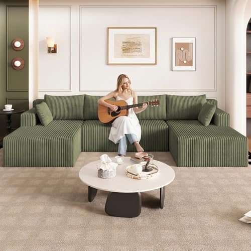 Image of 124 inch U-Shape Cloud Couch, Modern Modular Sectional U-Shape Sofa, Corduroy Boneless Couch Upholstered Couches Deep Seat Sleeper Chaise Longue for Living Room, No Assembly Required,Green