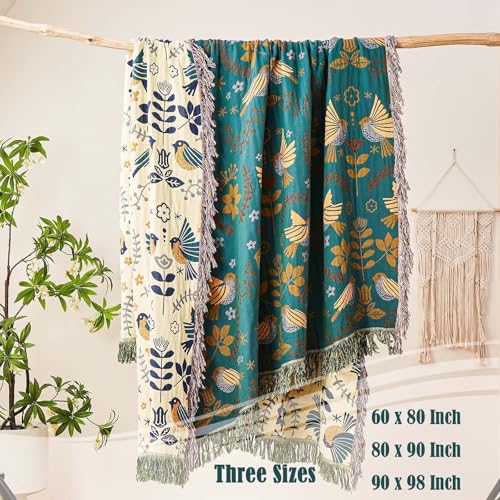 Image of XIBLC Boho Throw Blanket, 100% Cotton Ultra Soft Luxury Throw Rustic Quilt, 50 inchx60 inch Floral Printed Farmhouse Decor Bed Summer Blankets, All Season Reversible Bohemian Throw for Bed