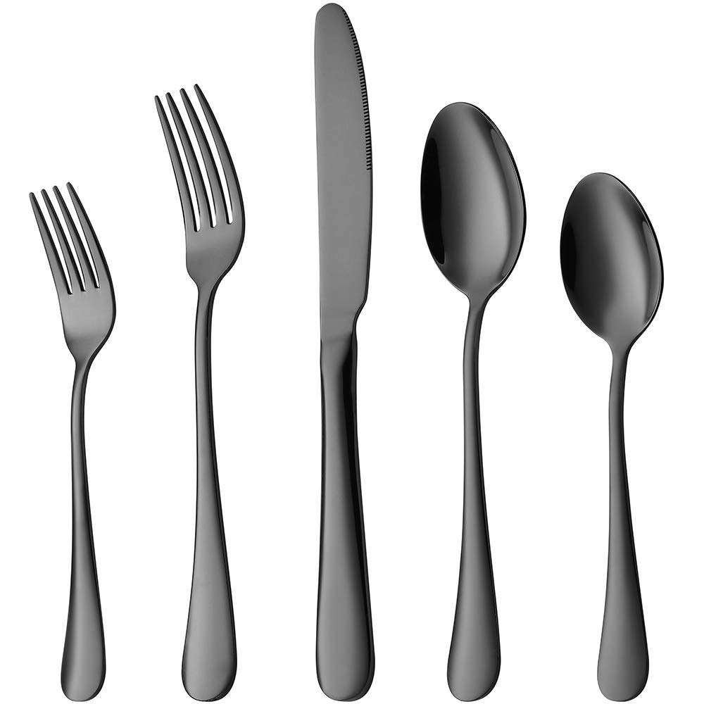 DEVICO 20-Piece Black Silverware Set, Stainless Steel Flatware Cutlery Set, Metal Eating Utensils Service for 4, Premium Forks Spoons Knives, Mirror Polished, Dishwasher Safe