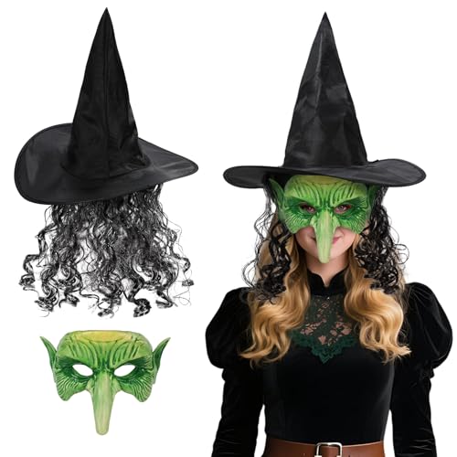 Scary Old Witch Mask With Hat Wig Realistic Green Goblin Mask Horror Devil Women Costume for Women for Party Cosplay
