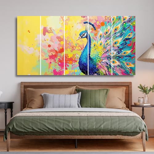 Image of Peacock Painting Set of 5 Sparkle Laminated MDF Big Size Wall Art | Peacock Wall Painting for Living Room, Bedroom, Home and Office