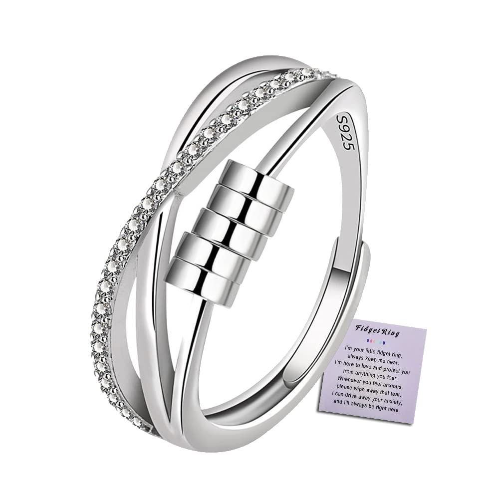 VoargeRings for Women Sterling Silver Fidget Ring With Cubic Zircon, For Anxiety Women Cubic Zirconia Spinner Rings For Anxiety Relief Ring With Jewellery Box, Silver