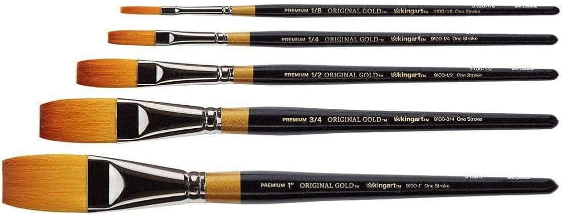 KINGART Premium 5 pc. Original Gold 9100 Series ONE Stroke Artist Brush Set, Synthetic Golden Taklon Hair for Acrylic, Oil, and Gouache Paint, Short Handle, 5 Sizes: 1/8", 1/4", 1/2", 3/4", 1"
