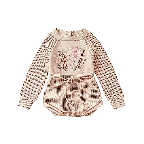 Image of MERSARIPHY Baby Girl Sweater Romper Embroidery Baby Sweatshirt Romper Baby Girl Knit Sweater Fall Winter Clothes (Khaki, 0-6 Months)