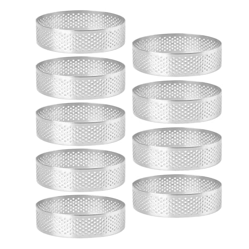 Frcctre 9 Pieces Round Tart Rings, 8 cm, Perforated Baking Tart Ring, Stainless Steel, Non-Stick, Mousse Rings, Metal Pastry Cake Mould, Dessert Tool for Home