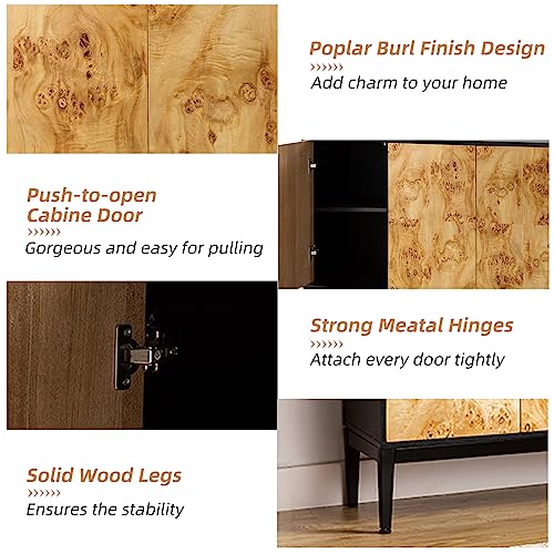 Hulala Home Credenza Sideboard Buffet Cabinet, Free Standing Accent Cabinet W/Natural Poplar Burl Finish, Kitchen Storage Cabinet, Cupboard Console Table For Dining Room, Living Room, Black #TOP5