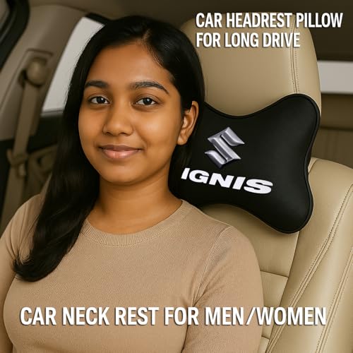 Image of Maruti Suzuki Ignis Car Headrest Neck Pillow - Neck Support Cushion for Driving | Soft Polyester, Ergonomic, Pain Relief, Travel Use | 26 x 18 cm (Black)