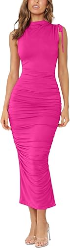 Women's Mock Neck Sleeveless Mesh Back Slit Ruched Bodycon Wedding Guest Cocktail Evening Party Midi Dresses