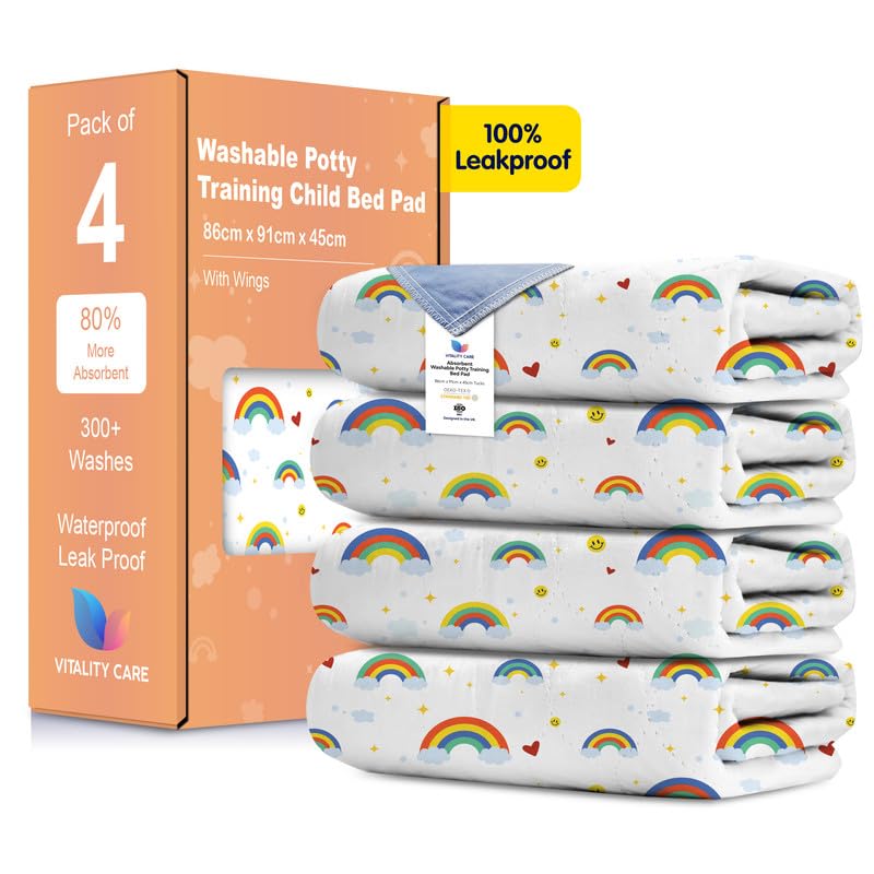 Vitality Care Waterproof Bed Wetting Mat for Kids with 5-Layer Protection Tuck-In Flaps, Machine Washable Potty Training Mattress Protector, Rainbow, Single