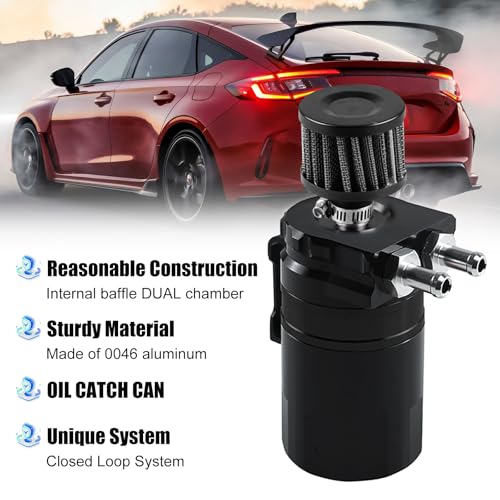 RYANSTAR RACING Universal Baffled Oil Catch Can, 350ml Oil Separator Catch Can with Breather Filter, Aluminum Oil Catch Can Kit(Black)