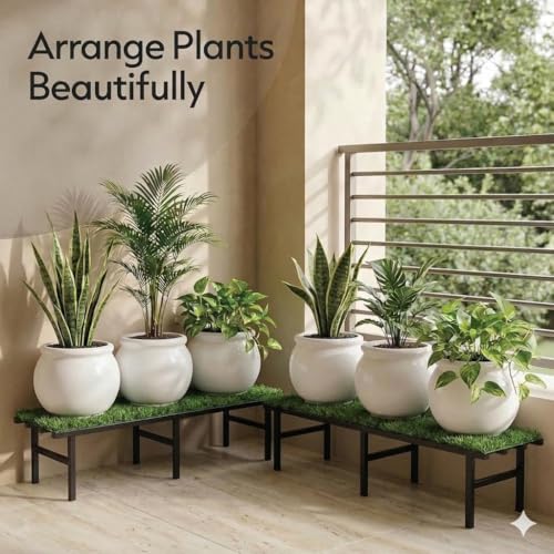 Image of IRON LANDS Metal Pot Stand with Green Grass Mat 72x22x20 Cm | Rust-Proof Matte Powder-Coated for Big Size Plants | Supports Up to 300 Kg| Ideal for Garden Balcony, Outdoor and Indoor Plant Display