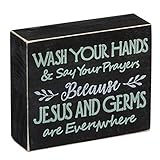 J JACKCUBE DESIGN Farmhouse Vintage Decorative Wood Bathroom Signs Decor, Classic Rustic Wooden Box Stand Up Wall Home Decor, Your Prayers and Wash Your Hands, Blue, White Letters- MK684A