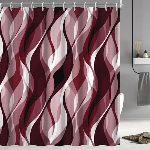 Ruelvth Burgundy Shower Curtain, Modern Abstract Ombre Burgundy Striped Shower Curtain Set for Bathroom Waterproof Shower Curtain with Hooks, 72x72 Inch