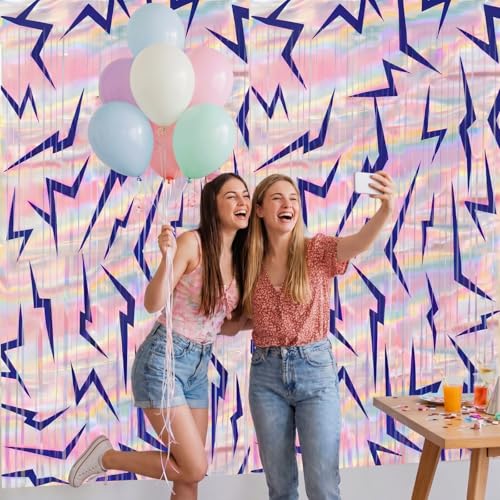 Image of Tiamon 2 Pack Kpop Party Decorations 3.3 x 6.6 Ft Foil Fringe Curtains Backdrop Purple Lightning Energy Holographic Rainbow Tinsel Streamers Photo Booth for Girls Birthday Party Supplies