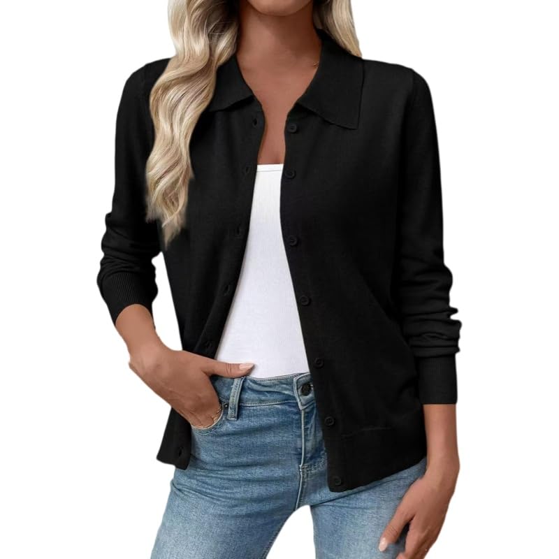 Cárdigan de punto negro con cuello polo para mujer talla M manga larga con botones estilo casual