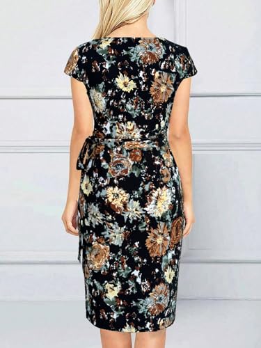 Image of Women's Vintage Cap Sleeves Asymmetrical Neckline Sheath Bodycon Casual Work Cocktail Party Pencil Faux Wrap Dresses