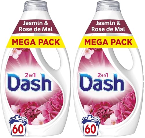 Dash 2en1 Lessive Liquide Jasmin et Rose de Mai, 60 Lavages, 3 Semaines de Fraîcheur, Avec Lenor, Notes Florales et Baies Rouges, Nettoyage en Profondeur, Fabriquée en France (Lot de 2)