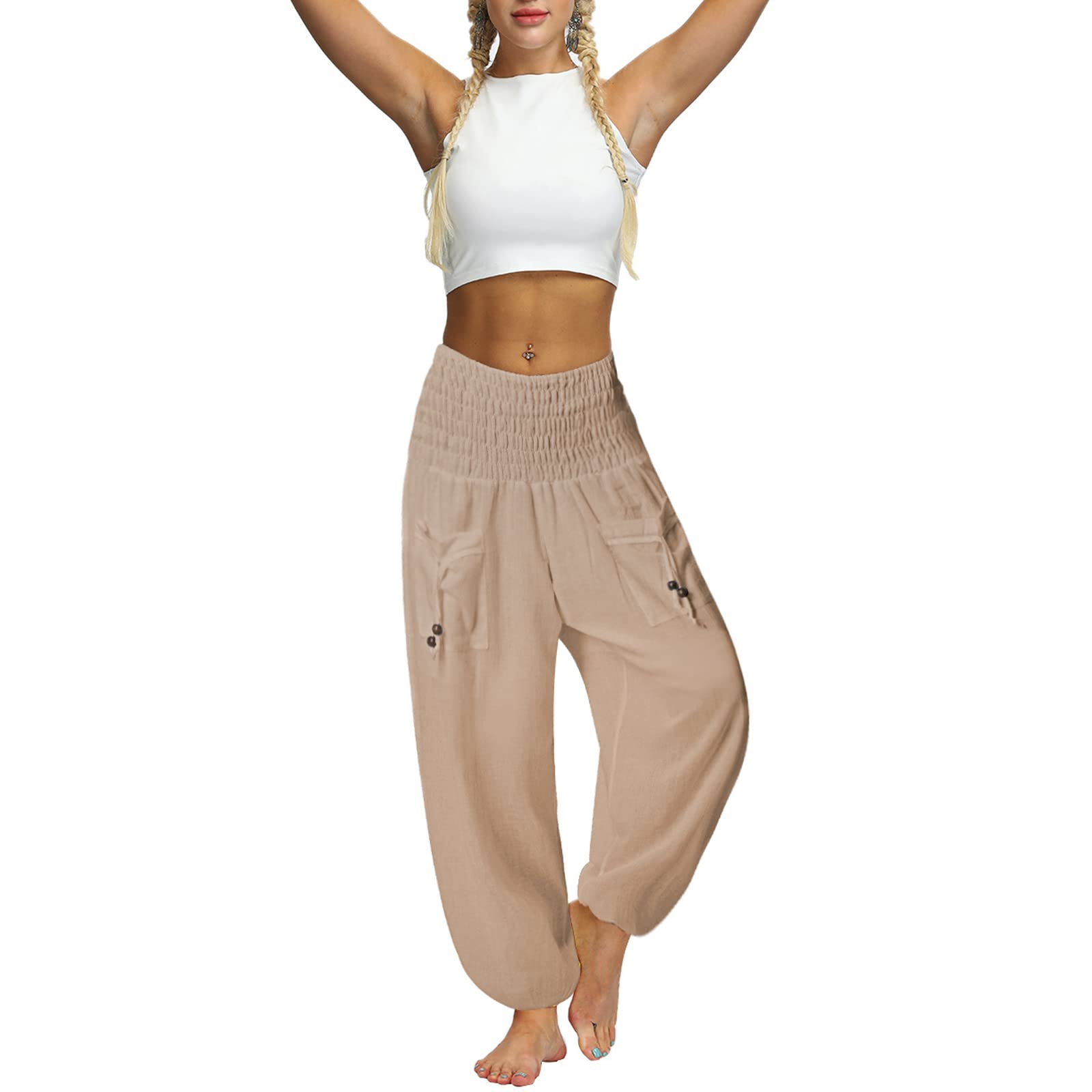 Nuofengkudu Pareja Hippie Pantalon Harem Elásticos Cintura Alta Bolsillos Bombachos Comodos Yoga Pants Pantalones Unisex Pijama Verano Playa Viaje Casual