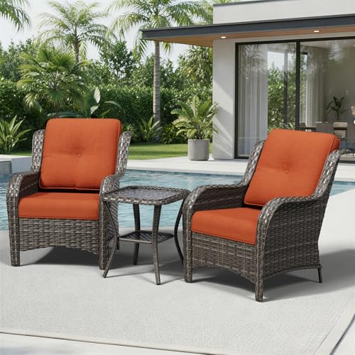 Image of Joyside 3 Piece Wicker Patio Furniture Set, Rattan Patio Chairs with High Back, Deep Seating, Wide Armrest, Thickened Cushions, Outdoor Furniture for Deck, Porch Use