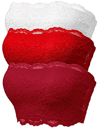 TL Women's 3 Piece or Single Floral Lace Strapless Bra, Seamless Tube Top Bandeau Bralettes with Stertchy Chest Wrap Set3_White_Wine_Red Large