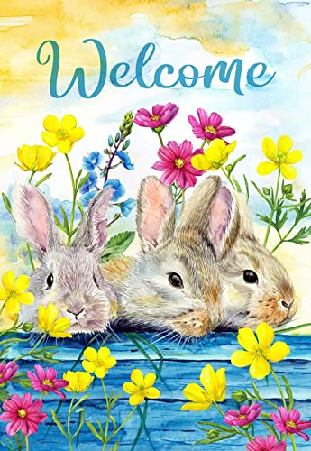 Txtains Retro Happy Easter Colorful Floral Flowers Three Rabbits Spring Welcome House Flag 28 X 40 Inch Double Sided Garden Yard Outdoor Banner Decor #TOP1