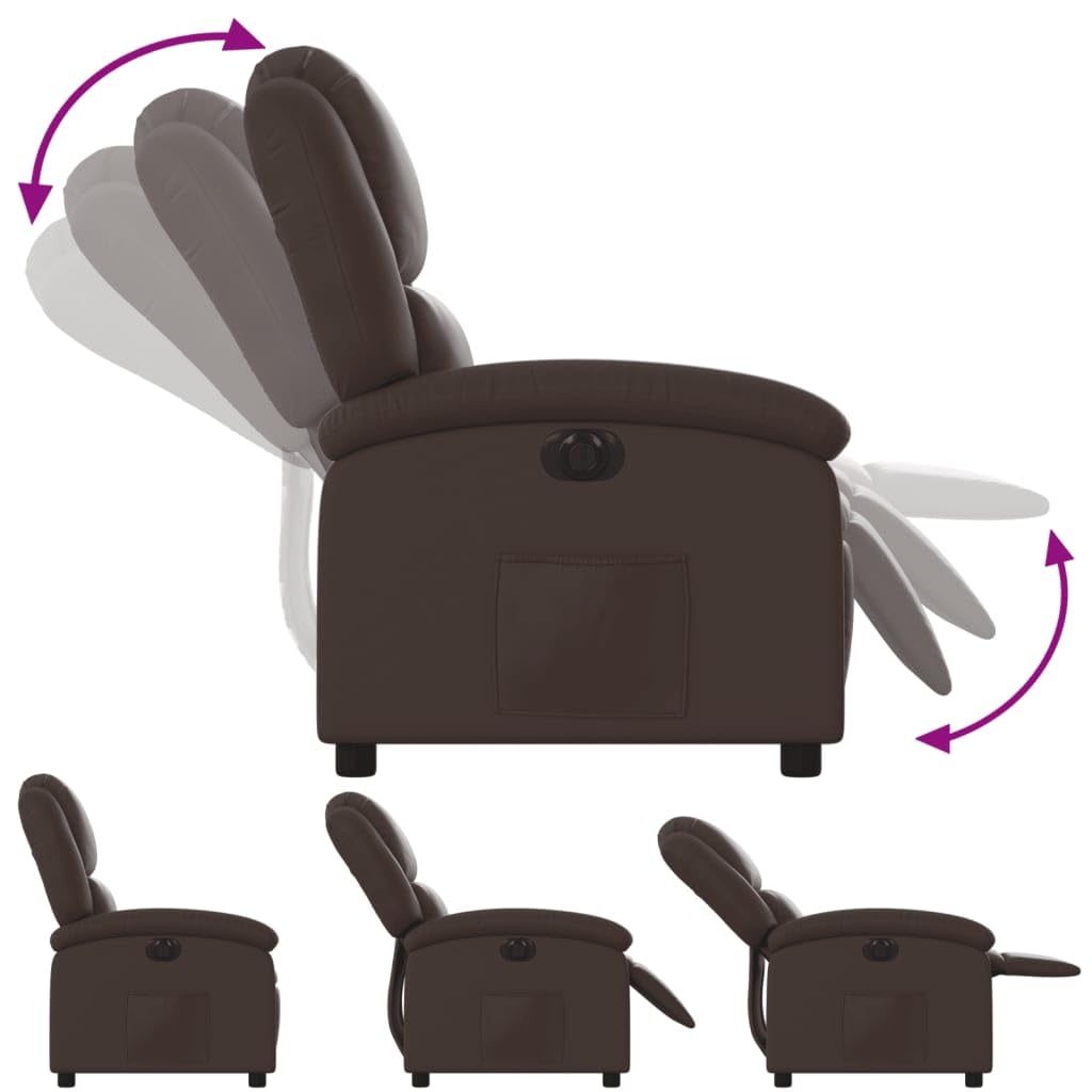 Elektryczny fotel relaksacyjny, brązowy, sztuczna skóra, z funkcją leżenia, regulowany, ergonomiczny, z podłokietnikami i kieszenią boczną, do salonu, biura i kącika do czytania, stabilna
