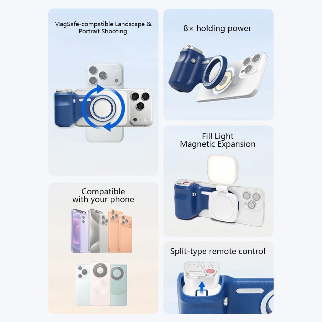 Multifunctional Magnetic Phone Camera Shutter Grip, Selfie Handle with Shutter Button, Lanyard, Detachable Remote Control Button Fill Light Tripod Accessories